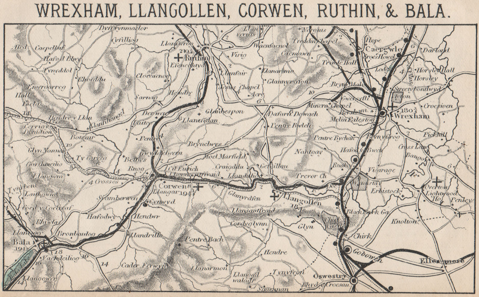 WREXHAM LLANGOLLEN CORWEN RUTHIN BALA railways. North Wales. WARD LOCK 1893 map
